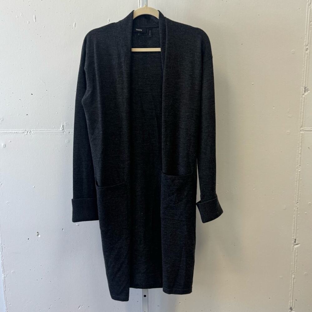 Theory Wool Blend Armelle T Noble Open Front Sweater Cardigan Duster Gray Small